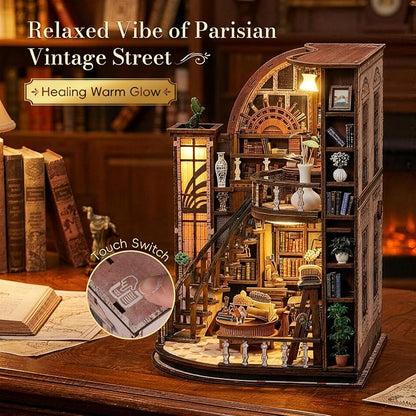 POP JOY DIY Book Nook Kit with Motion Sensor LED Light, Miniature Library Bookshelf Insert, 3D Wooden Puzzle Bookend Craft Kit Dollhouse for Adults Teens, Creative Gift for Book Lovers DIY Enthusiasts
