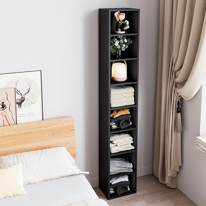 Bamjoy 71 Inches Tall Narrow Bookcase, 8-Tier Slim CD DVD Media Tower Rack, Corner Bookshelf with Adjustable Shelves, Cube Skinny Bookshelf for Home Office Small Space, Black
