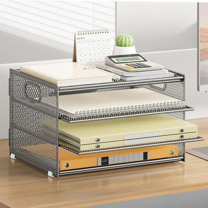 Subekyu Paper Letter Tray Organizer for Desk, Silver Metal Mesh Desk File Folder Sorter Organizer with Handle for Home Office School Supplies Organization