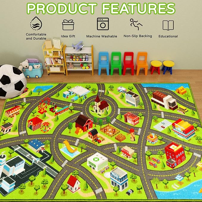 Kids Rugs Traffic Road Carpet for Car City Map Play Rug 3.3'×5' for Playroom Educational Mat Area Rug, Kid Playtime Collection Toddler Car Track Rug Cute Cartoon (City Road A, 39.4×59 in)