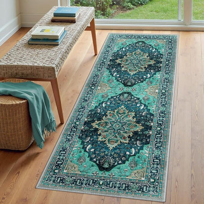 RELEANY Area Rugs Runner 3'x6' Washable Non-Slip, Floral Vintage Distress Medallion Carpet for Kitchen Hallway Bedroom Beside Laundry Room Bathroom, Teal Green Lake Blue Turquoise