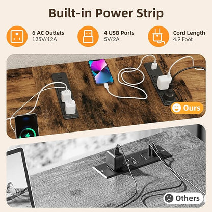 YOSHOOT 2 Person Computer Desk, 87" Long Gaming Desk for 2 People | Double Desk with 3 Fabric Drawers and 2 Power Outlets, Home Office Table for Adults and Teenagers, Rustic Brown