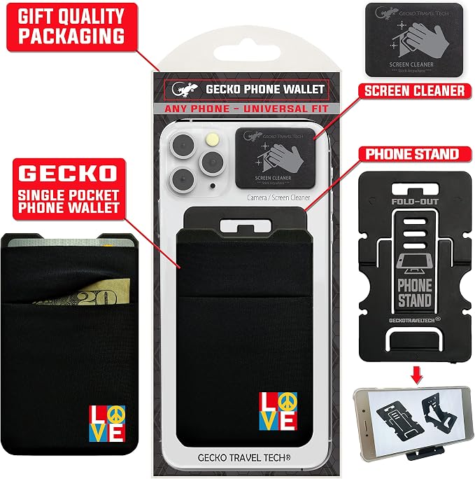 Gecko Travel Tech Double Pocket - Adhesive Card Holder - Cell Phone Pouch - Stick on Spandex Pocket - Carry Credit Cards and Cash (PEACE LOVE)