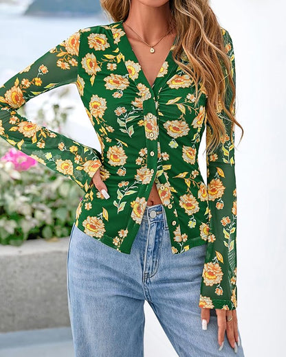 BTFBM Button Down Shirts for Women 2026 Fall Boho Tops V Neck Long Sleeve Blouses Ruched Mesh Fitted Fashion Clothing