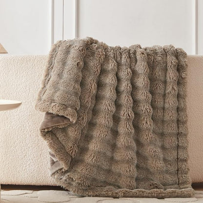 COOVA Faux Fur Throw Blanket for Couch, Cozy Soft and Fuzzy Plush Rabbit Fur Bubble Blanket for Sofa Bedroom Living Room, 50x60 Inches Cationic Brown