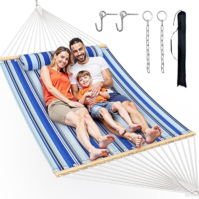 Double Hammock with Spreader Bar,Soft Pillow,Max Load 500lbs,Portable Hammock for Outdoor,Camping,and Backyard,Aqua Blue