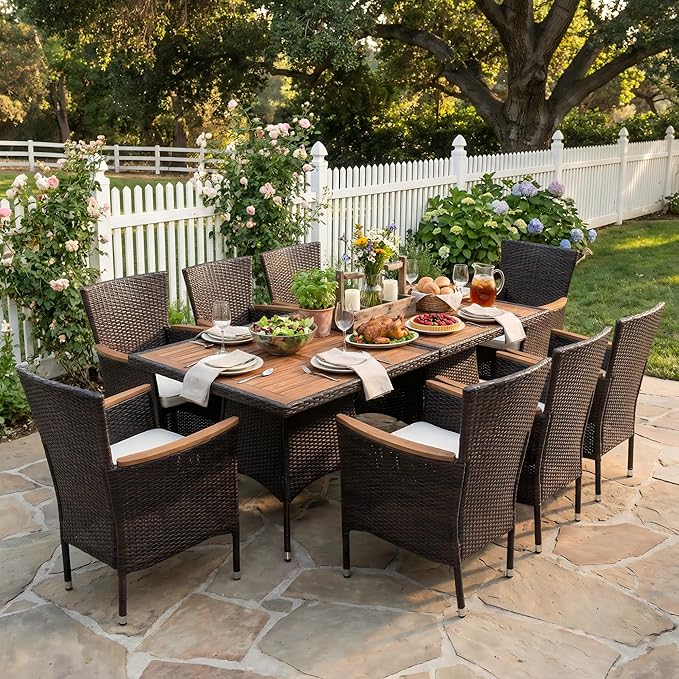 Wisteria Lane 10-Pieces Outdoor Patio Table and Chairs, Rattan Patio Table Set with Acacia Wood Tabletop, Patio Dining Furniture Set for 8 with Removable Cushions for Deck Garden Backyard, Brown