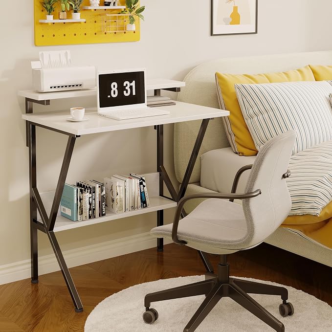 COTUBLR Small Desk, Small Computer Desk for Spaces, 27.5 Inch Computer Desk with Adjustable Monitor Stand, Compact Desk with Storage for Bedroom Home Office, White Tabletop+Black Frame