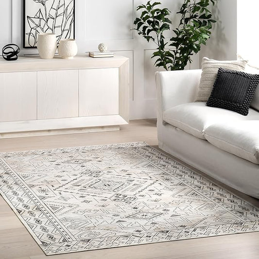 nuLOOM Malena Tribal Bordered Machine Washable Ultra Thin Area Rug, 8' x 10', Light Grey