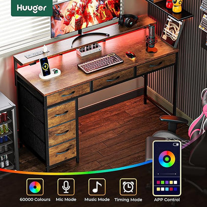Huuger Gaming Desk with 6 Drawers, Computer Desk with LED Lights Power Outlets and Type-C, 47 Inch Office Desk with Storage, Monitor Stand, Writing Work Desk for Home Office, Rustic Brown