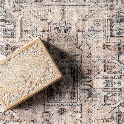 nuLOOM 4x6 Machine Washable Rain Haven Vintage Medallion Area Rug, Brown, Traditional Faded Design, Non-Slip Backing, Stain Resistant, For Bedroom, Dining Room, Living Room, Kitchen
