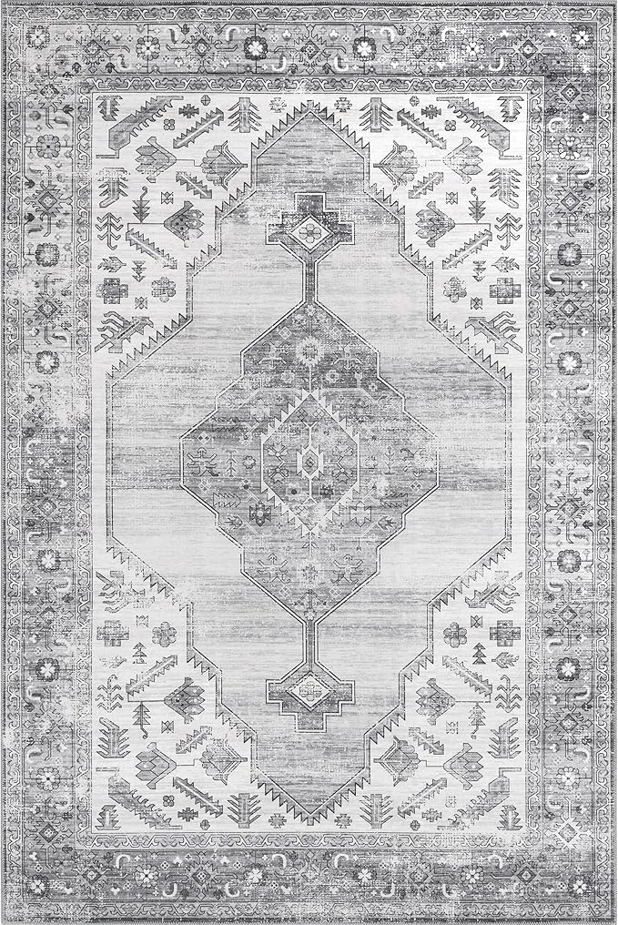 nuLOOM Gracie Distressed Medallion Machine Washable Ultra Thin Area Rug, 5x8, Grey