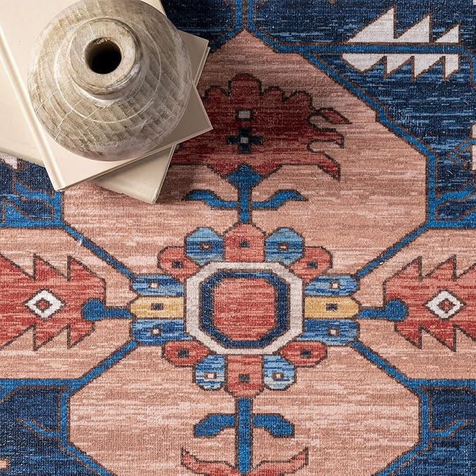 nuLOOM Carolyn Machine Washable Tribal Motif Ultra Thin Area Rug, 8' x 10', Rust