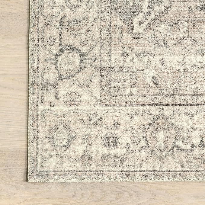 nuLOOM 2x3 Machine Washable Rain Haven Vintage Medallion Area Rug, Grey, Traditional Faded Design, Non-Slip Backing, Stain Resistant, For Bedroom, Dining Room, Living Room, Kitchen