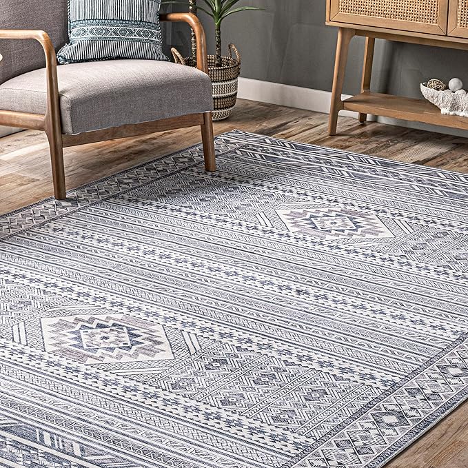 nuLOOM Jenine Southwestern Machine Washable Ultra Thin Area Rug, 4x6, Grey