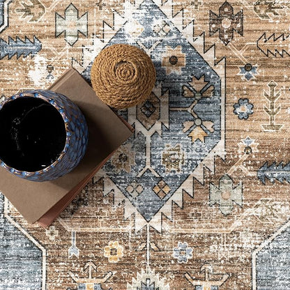 nuLOOM Gracie Distressed Medallion Machine Washable Ultra Thin Area Rug, 8' x 10', Blue