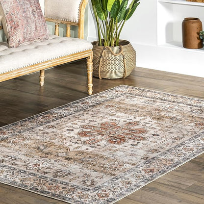 nuLOOM Dawson Machine Washable Distressed Medallion Ultra Thin Area Rug, 8' x 10', Beige