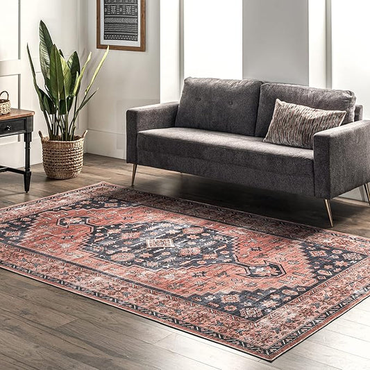 nuLOOM Medallion Bordered Machine Washable Ultra Thin Area Rug, 6' x 9', Rust