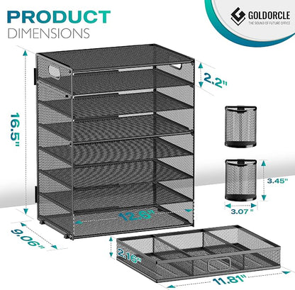 8 Tier Paper Letter Tray Organizer (Black-with Drawer,Pen Holders) | Mesh Desk File Holder Storage Organization for Home School Classroom & Office
