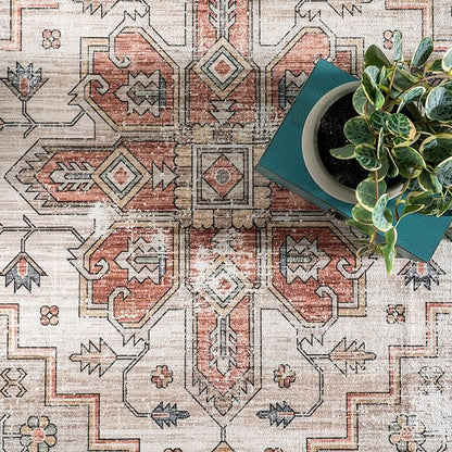 nuLOOM Dawson Machine Washable Distressed Medallion Ultra Thin Area Rug, 8' x 10', Beige
