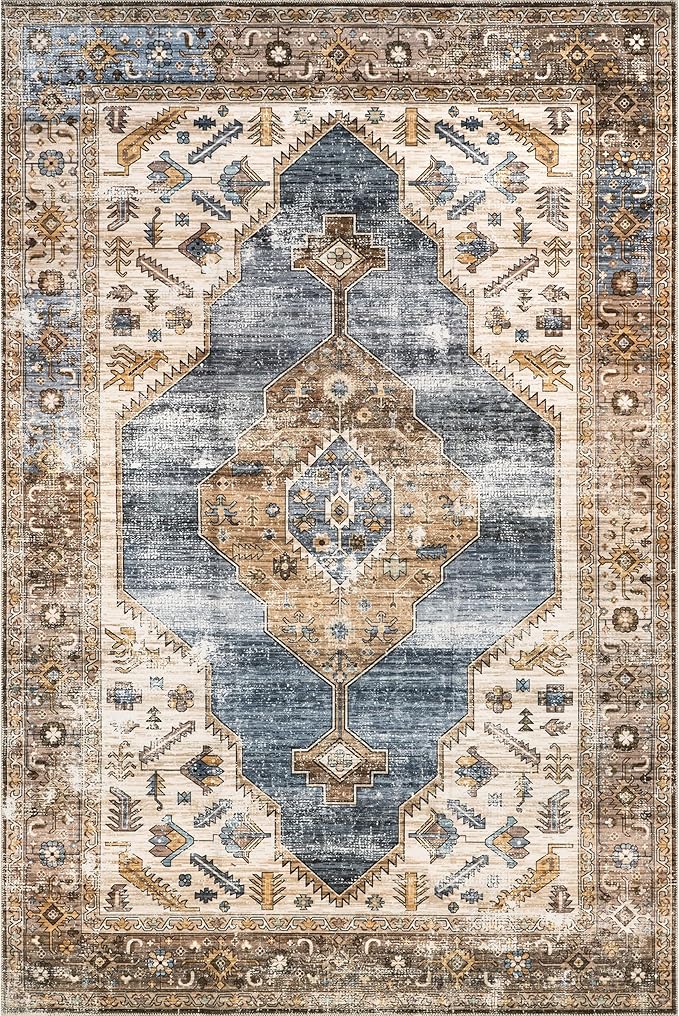 nuLOOM Gracie Distressed Medallion Machine Washable Ultra Thin Area Rug, 8' x 10', Blue