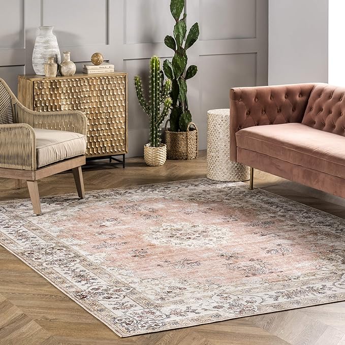 nuLOOM Ren Vintage Floral Machine Washable Ultra Thin Area Rug, 6' Square, Peach