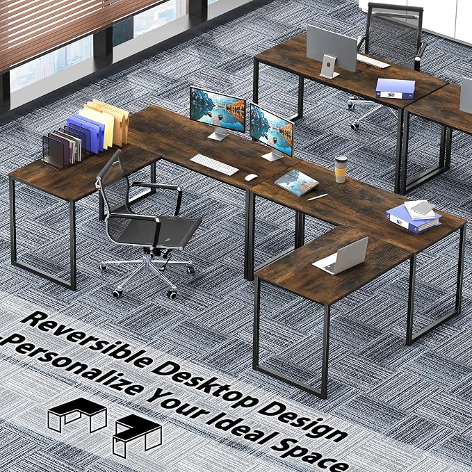 SHW Mission 48 x 48 L-Shape Home Office Computer Desk, Rustic Brown | Reversible Desktop Design