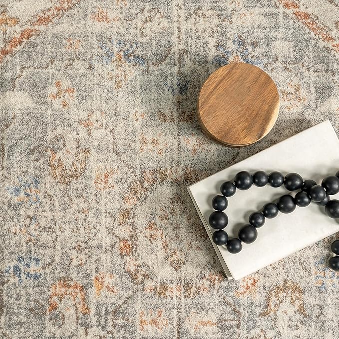 nuLOOM 6x9 Machine Washable Rain Haven Vintage Medallion Area Rug, Light Grey, Traditional Faded Design, Non-Slip Backing, Stain Resistant, For Bedroom, Dining Room, Living Room, Kitchen