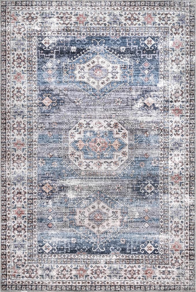 nuLOOM Drina Distressed Machine Washable Ultra Thin Area Rug, 4' x 6', Blue