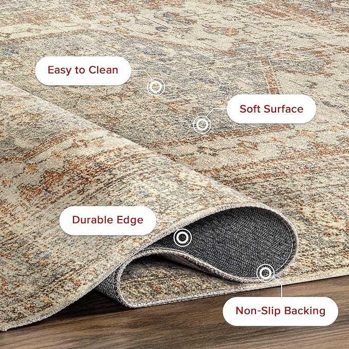 nuLOOM 6x9 Machine Washable Rain Haven Vintage Medallion Area Rug, Light Grey, Traditional Faded Design, Non-Slip Backing, Stain Resistant, For Bedroom, Dining Room, Living Room, Kitchen