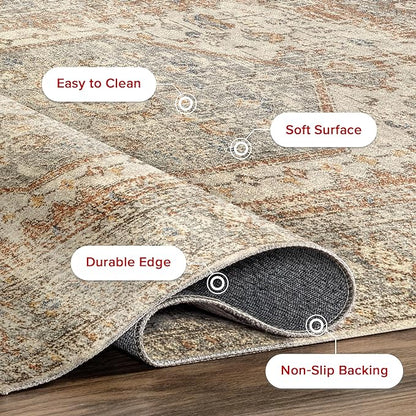 nuLOOM 6x9 Machine Washable Rain Haven Vintage Medallion Area Rug, Light Grey, Traditional Faded Design, Non-Slip Backing, Stain Resistant, For Bedroom, Dining Room, Living Room, Kitchen