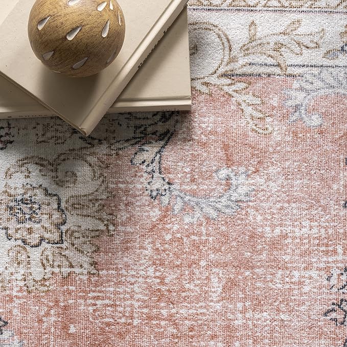 nuLOOM Ren Vintage Floral Machine Washable Ultra Thin Accent Rug, 2x3, Peach
