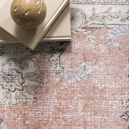 nuLOOM Ren Vintage Floral Machine Washable Ultra Thin Accent Rug, 2x3, Peach