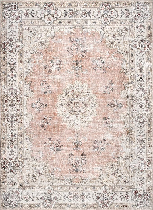 nuLOOM Ren Vintage Floral Machine Washable Ultra Thin Accent Rug, 2x3, Peach