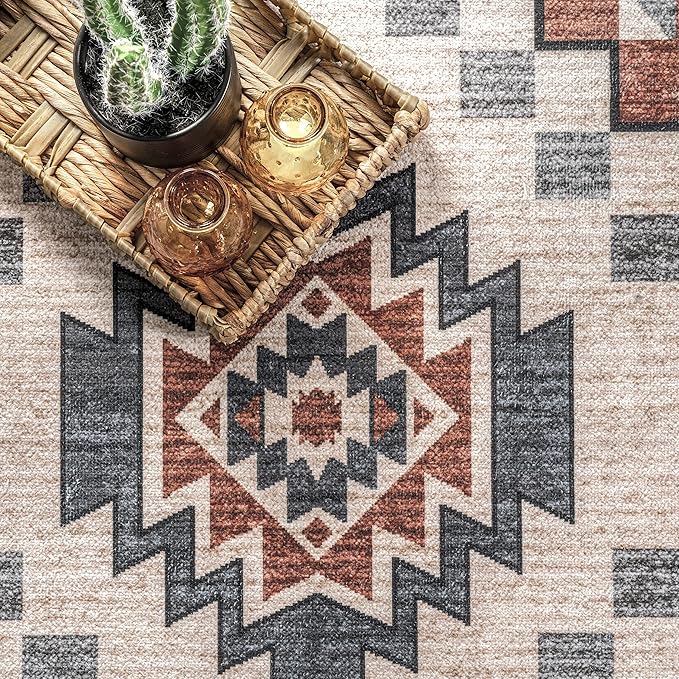 nuLOOM Leighton Machine Washable Southwestern Medallion Ultra Thin Accent Rug, 2x3, Beige