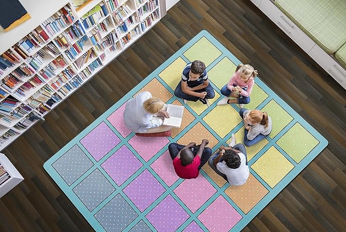 Flagship Carpets Happy Squares Educational Area Rug for Kids Room Seating Décor, Children's Classroom, Play Carpet for Teaching and Playroom, Seats 30, 10'6"x13'2", Blue & Multi Color