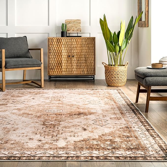 nuLOOM Dorota Machine Washable Geometric Medallion Ultra Thin Area Rug, 6' x 9', Beige