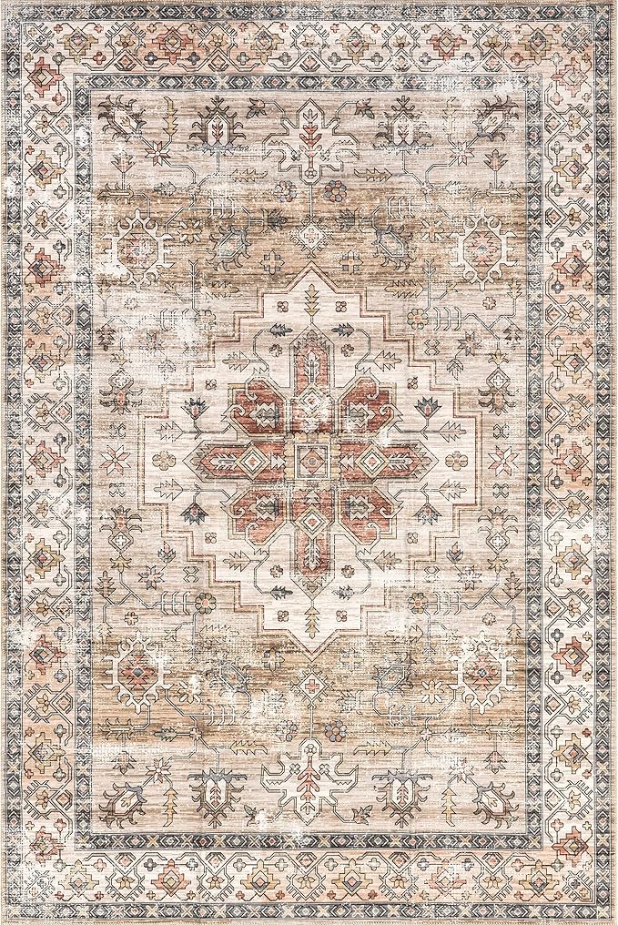 nuLOOM Dawson Machine Washable Distressed Medallion Ultra Thin Area Rug, 8' x 10', Beige