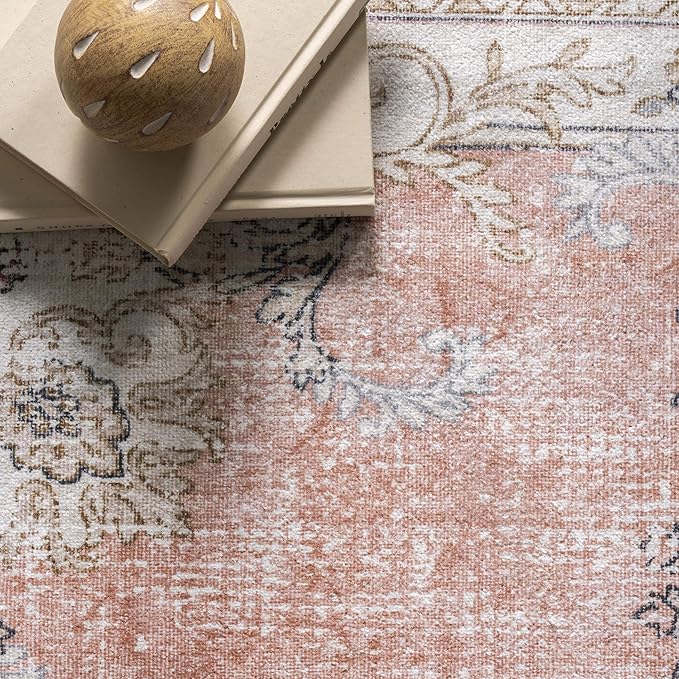 nuLOOM Ren Vintage Floral Machine Washable Ultra Thin Area Rug, 6' Square, Peach