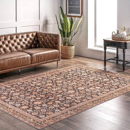 nuLOOM Cathie Persian Floral Machine Washable Ultra Thin Area Rug, 6' x 9', Beige