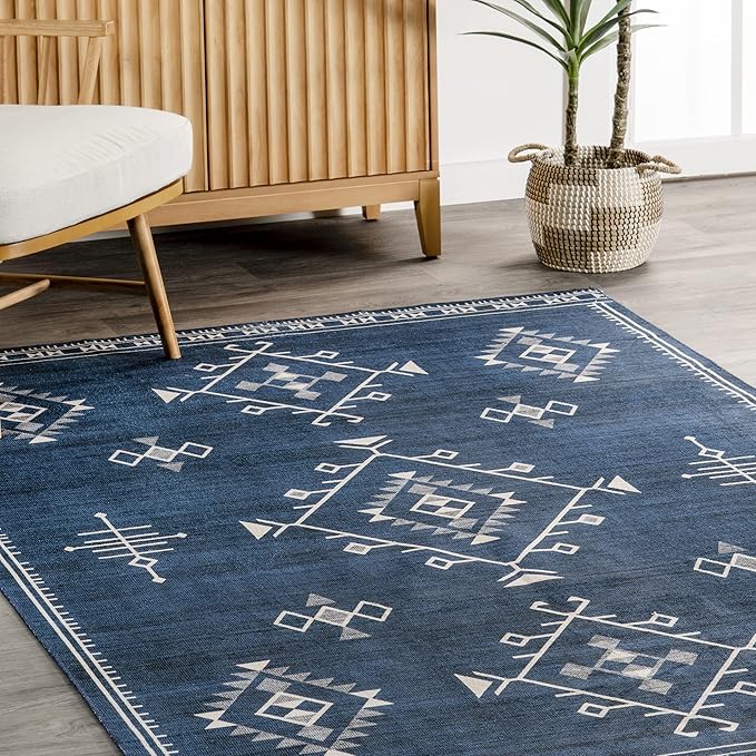 nuLOOM Evalyn Southwestern Machine Washable Ultra Thin Accent Rug, 3' x 5', Navy