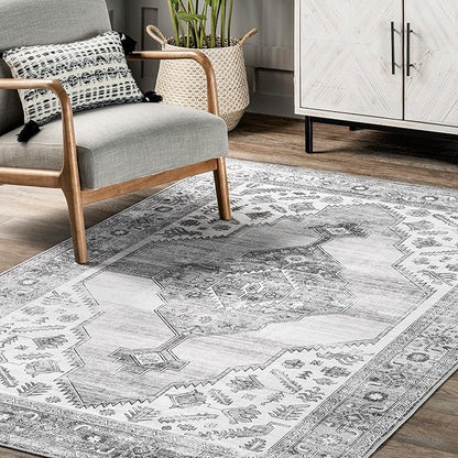 nuLOOM Gracie Distressed Medallion Machine Washable Ultra Thin Area Rug, 5x8, Grey