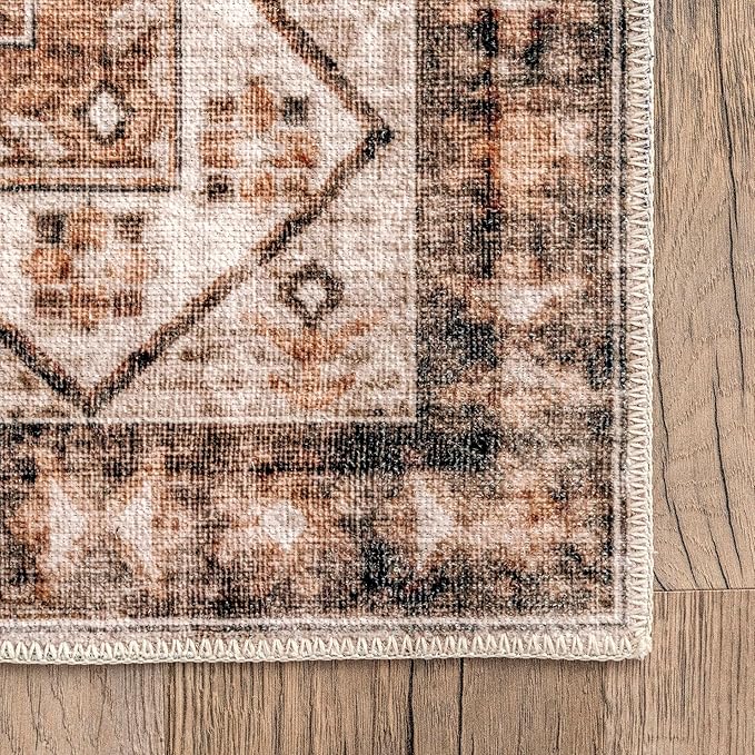 nuLOOM Dorota Machine Washable Geometric Medallion Ultra Thin Area Rug, 6' x 9', Beige