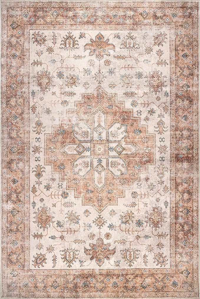 nuLOOM Dawson Machine Washable Distressed Medallion Ultra Thin Area Rug, 6' x 9', Peach