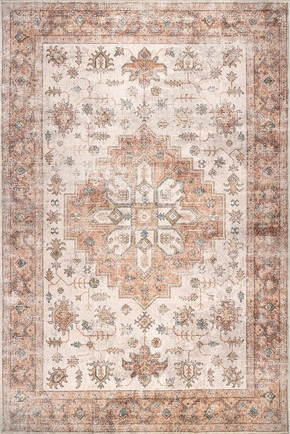 nuLOOM Dawson Machine Washable Distressed Medallion Ultra Thin Area Rug, 6' x 9', Peach