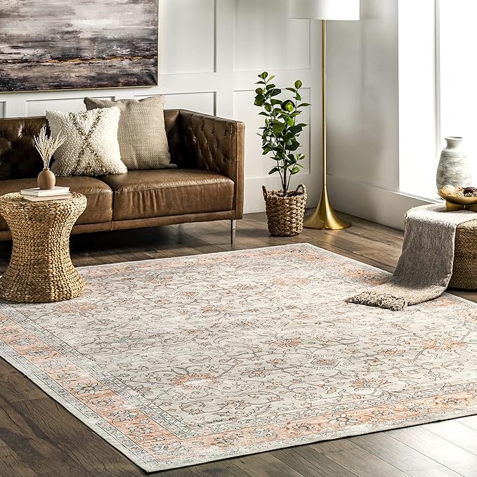 nuLOOM Marlena Faded Floral Machine Washable Ultra Thin Area Rug, 5' x 8', Peach