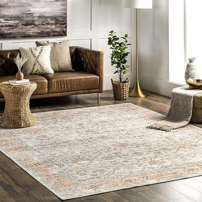 nuLOOM Marlena Faded Floral Machine Washable Ultra Thin Area Rug, 5' x 8', Peach