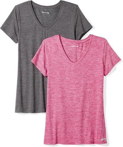 Amazon Essentials Women's Active Quick Dry Tech Stretch Short-Sleeve V-Neck T-Shirt (Available in Plus Size), Pack of 2