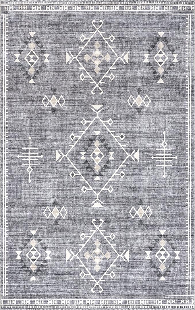 nuLOOM Evalyn Southwestern Machine Washable Ultra Thin Area Rug, 4' x 6', Grey