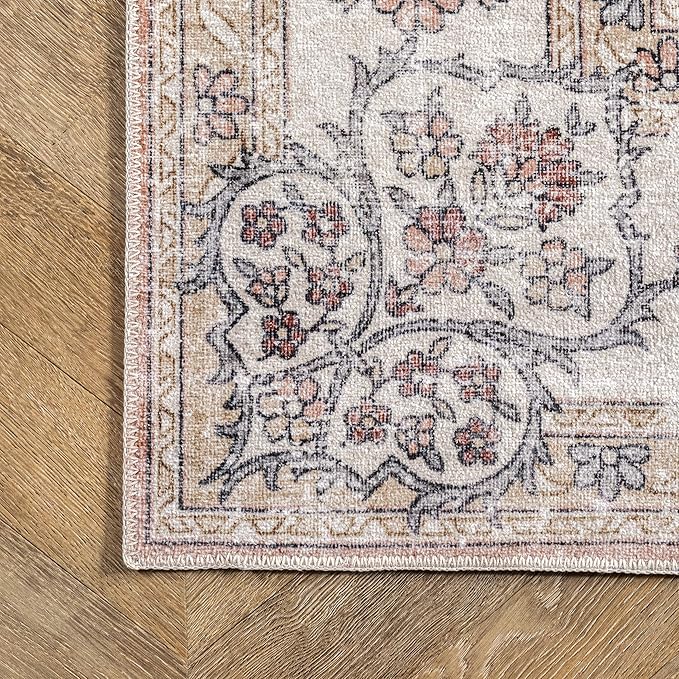 nuLOOM Ren Vintage Floral Machine Washable Ultra Thin Area Rug, 6' Square, Peach